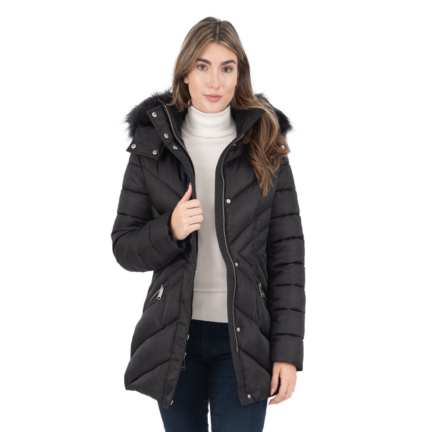 9090 girl Fur Hooded Puffer Jacket Women's Nine West Detachable