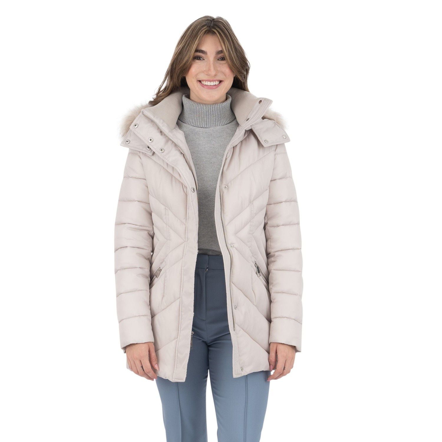 Women's Nine West Detachable Faux-Fur Hooded Short Quilted Puffer