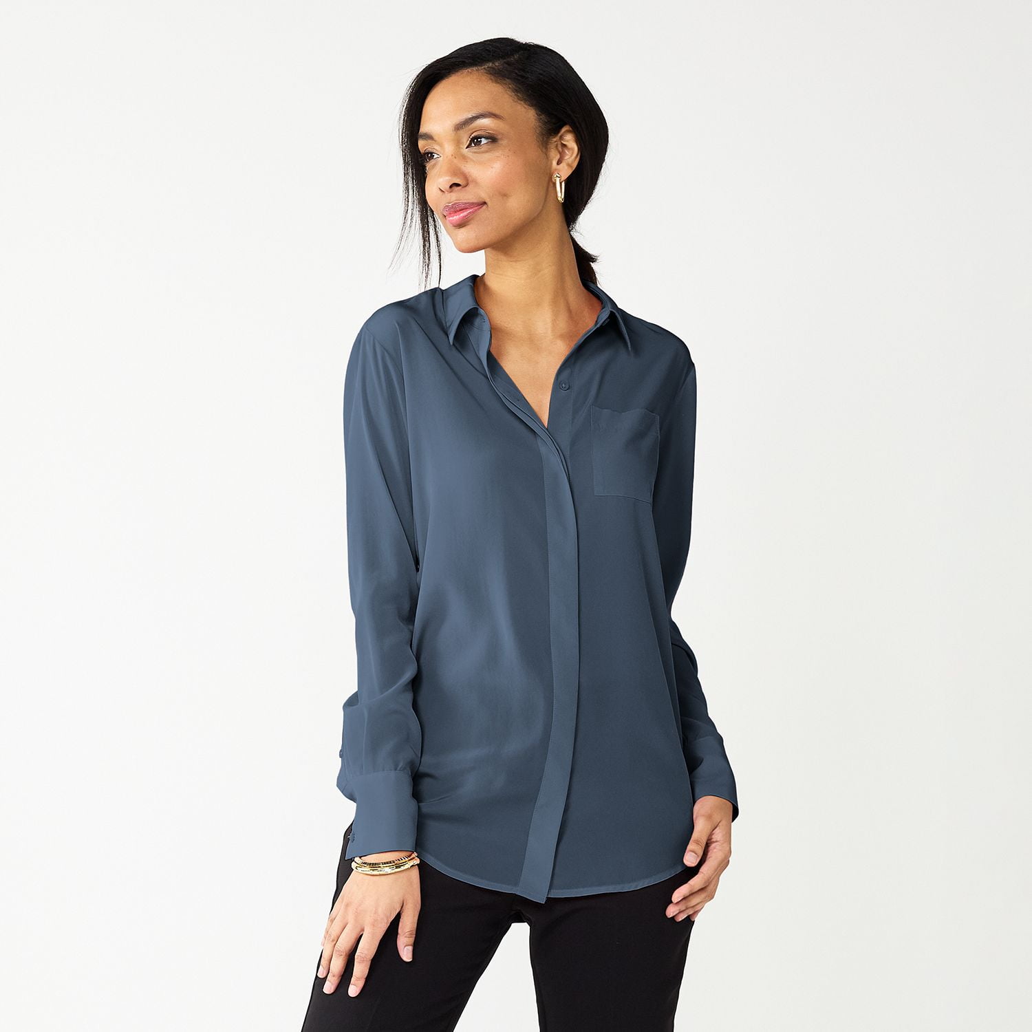 Women's Nine West Drapey Button Down Shirt Color: Resolute Blue Size: XX  LARGE - Walmart.com
