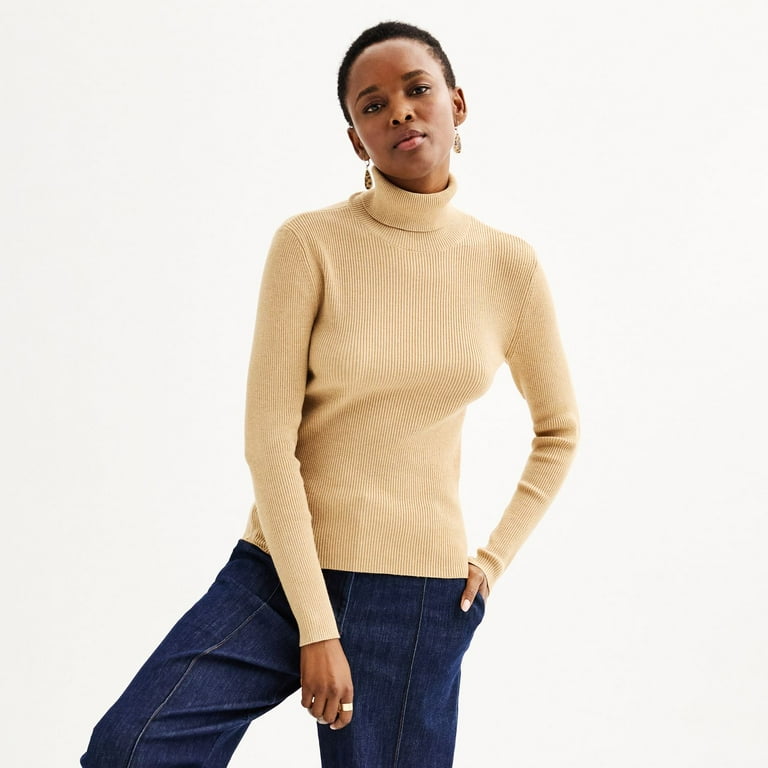 Women s Nine West Essential Ribbed Turtleneck Sweater Color Camel Heather Size SMALL