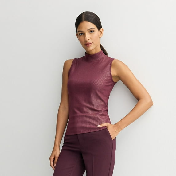Women's Nine West Fitted Rib Mock Neck Shell Color: Maddie Plum Shine Size: SMALL