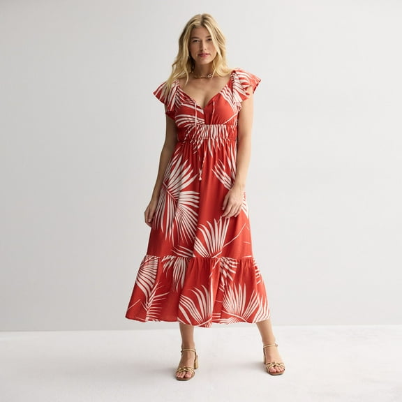 Women's Nine West Flutter Sleeve Maxi Dress Color: Clay Tropical Palm Size: X LARGE