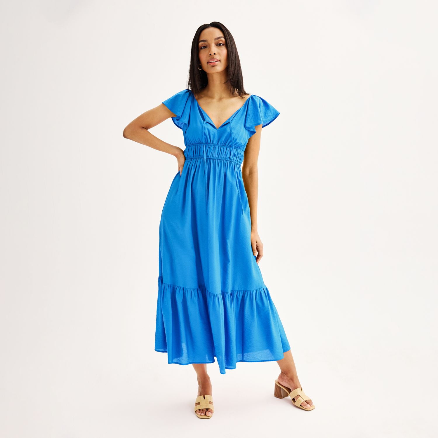 Women's Nine West Flutter Sleeve Maxi Dress Color: Clay Tropical Palm Size:  LARGE - Walmart.com