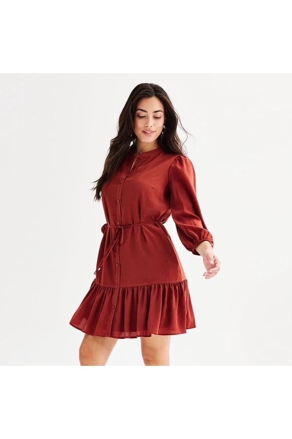 Women's Nine West Long Sleeve Belted Mini Dress Color: Marsala Flower Size: LARGE