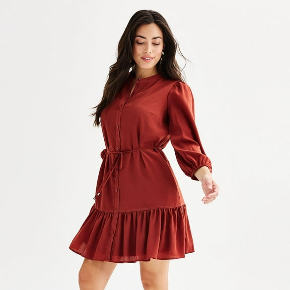 Women's Nine West Long Sleeve Belted Mini Dress Color: Marsala Flower Size: X LARGE