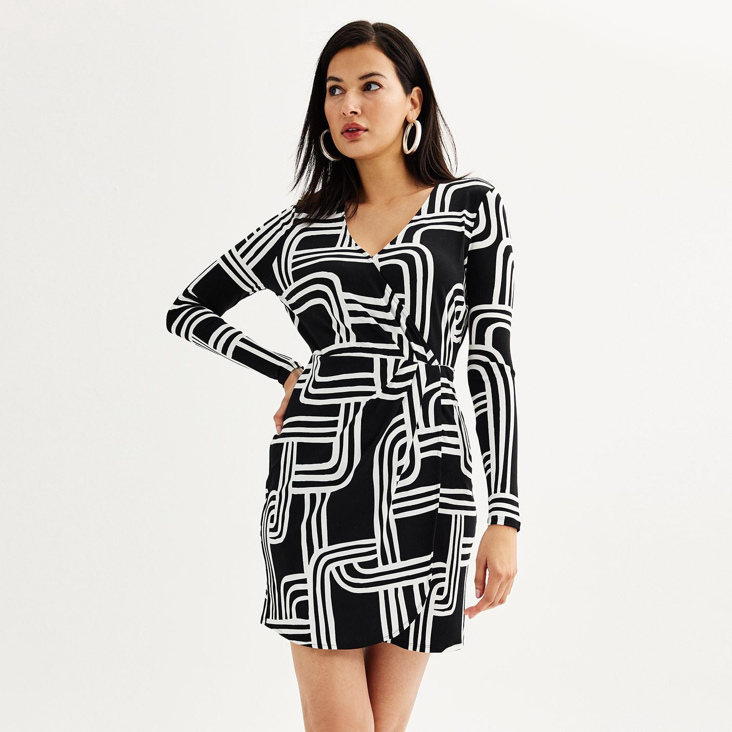 nine west dress black and white Women's Long Sleeve Wrap Color: Mineral Size: SMALL White striped dress