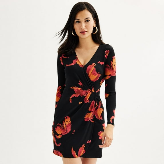 Women's Nine West Long Sleeve Wrap Dress Color: Cocoa Pica Floral Nb Size: X LARGE