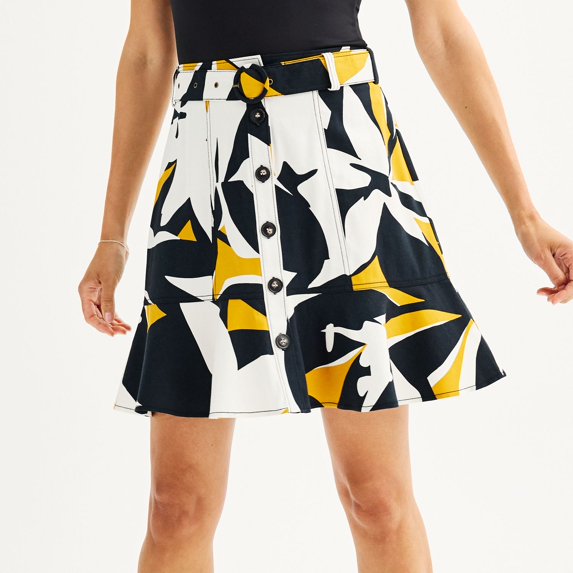 Women's Nine West Print Button-Front Self Belt Utility Flounce Skirt Color: Black Joa Flora Size: SMALL