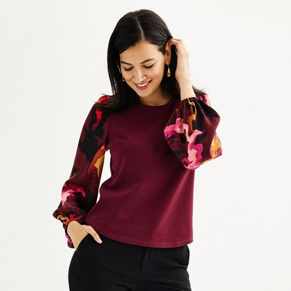 Women's Nine West Puff-Sleeve Mixed Media Top Color: Maddie Plum Size: X SMALL