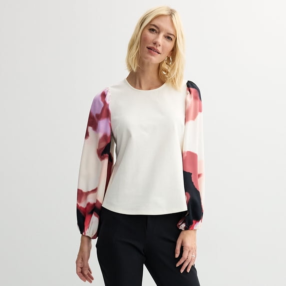Women's Nine West Puff-Sleeve Mixed Media Top Color: Mauve Krystal Wave Size: XX LARGE