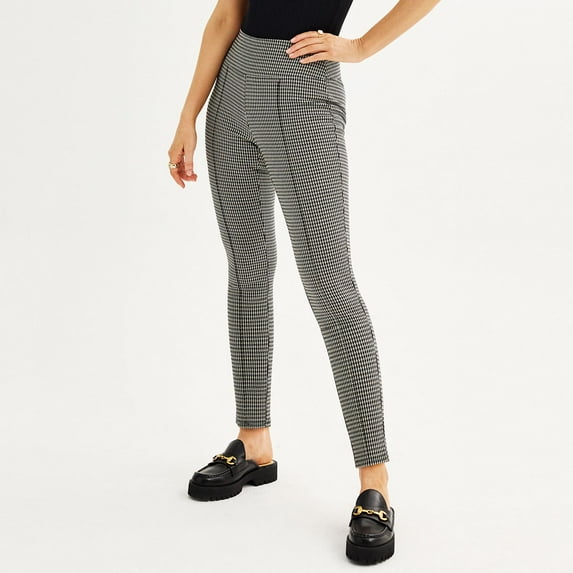 Women's Nine West Seamed Tummy-Control Ponte Leggings Color: Tan Houndstooth Size: L LONG