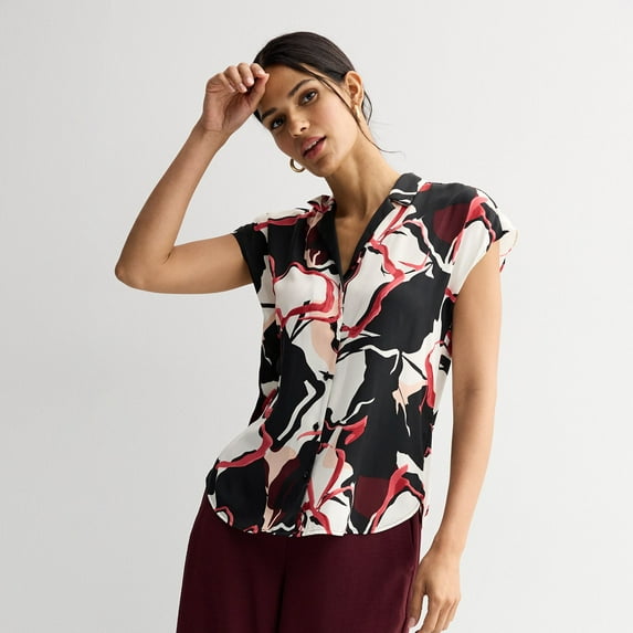 Women's Nine West Short Sleeve Easy Lapel Shirt Color: Pink Modern Poppy Size: X SMALL