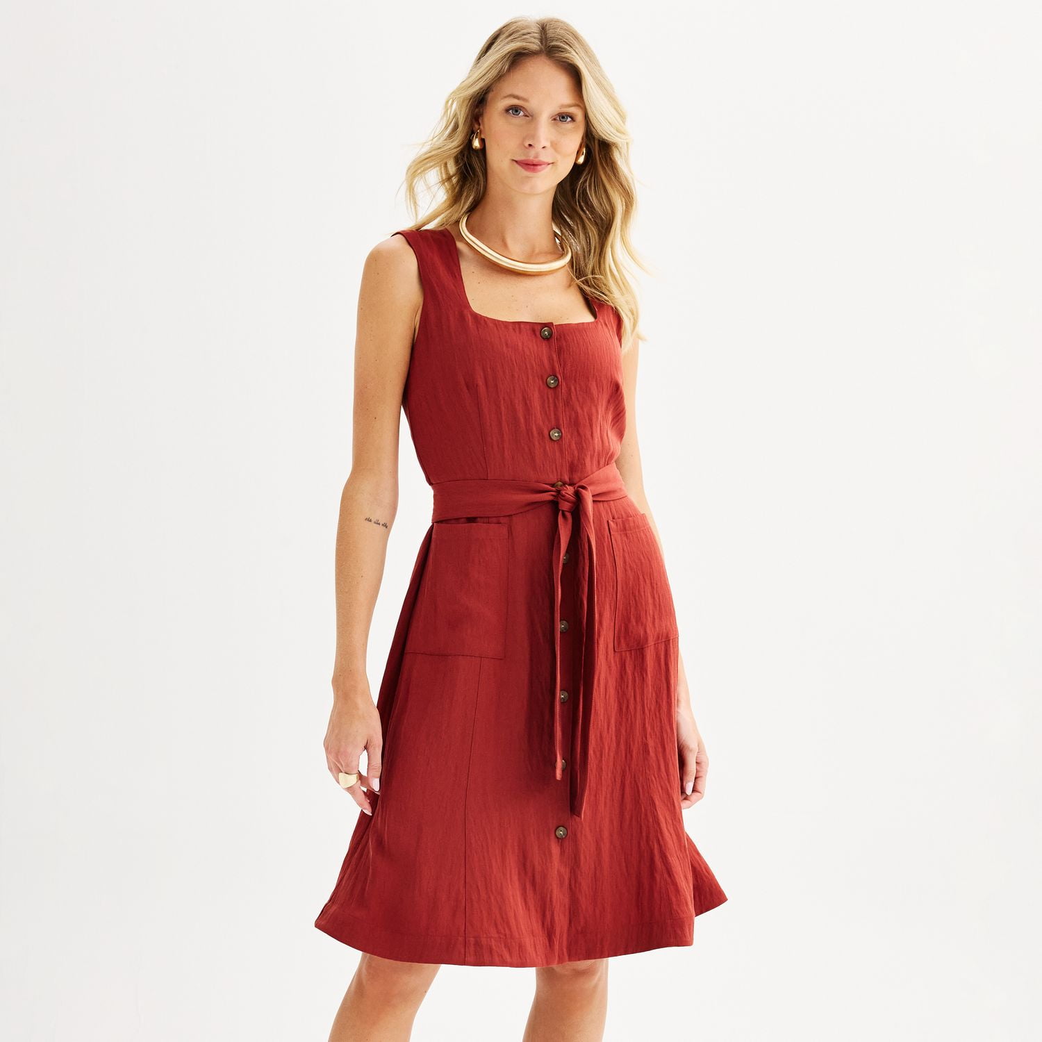 Women's Nine West Square Neck Ribbon Waist Midi Dress Color: Marsala ...