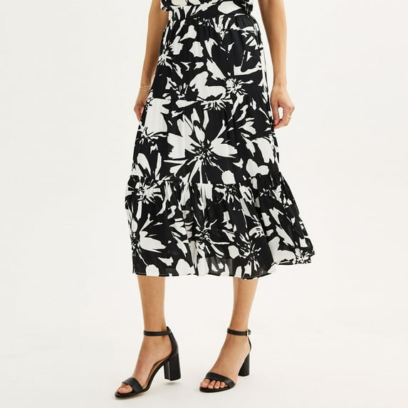 Women's Nine West Tiered Midi Skirt Color: Black Floral Size: X LARGE