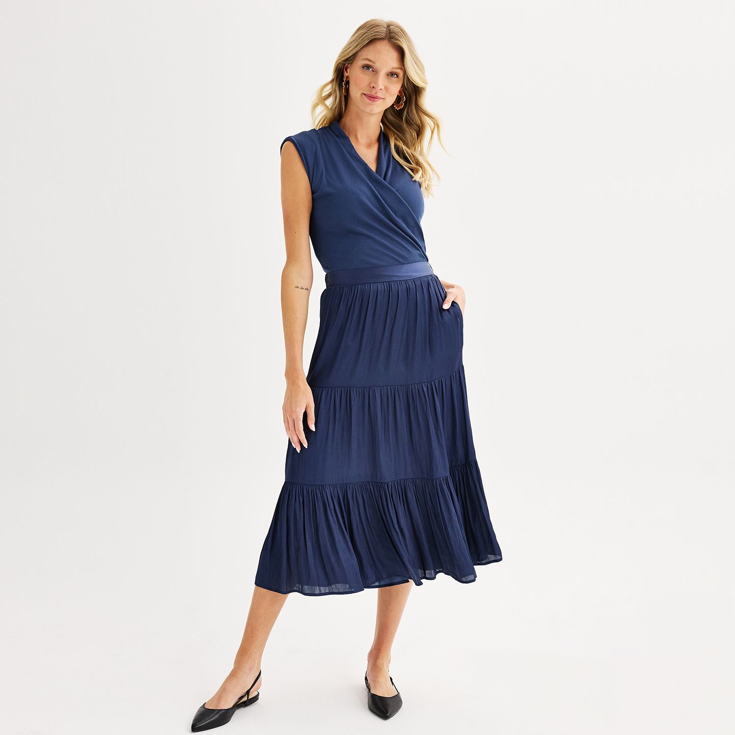 puff sleeve blue midi dress Umgee Blue Striped Puff Sleeve Midi Dress with V-Notch Neckline