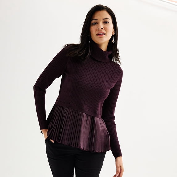 Women's Nine West Turtleneck Sweater with Pleated Hem Color: Midnight Wine Size: MEDIUM