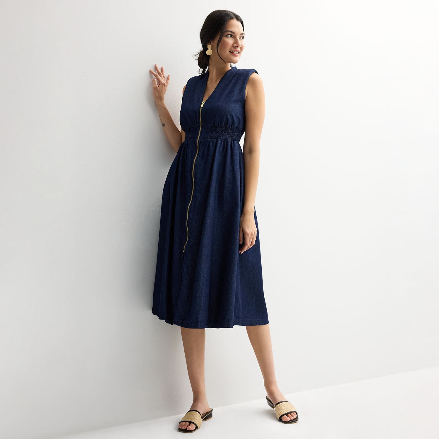 Women's Nine West Zip Front Midi Dress Color: Mid Blue Denim Wash Size:  SMALL - Walmart.com