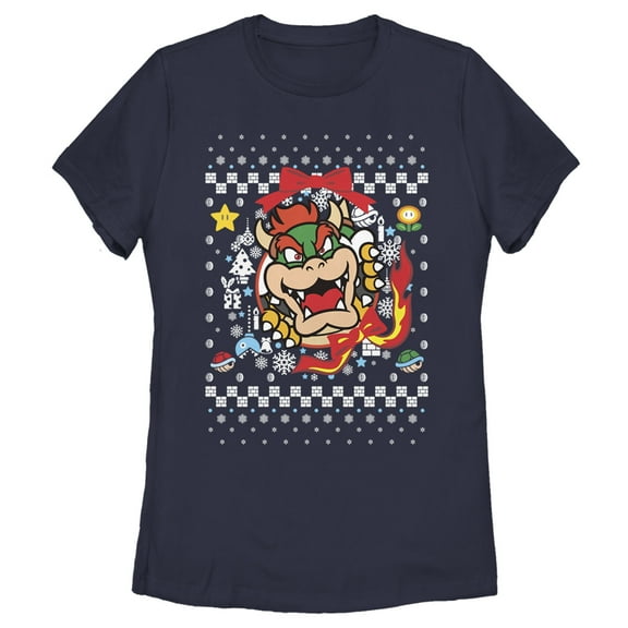 Women's Nintendo Christmas Bowser Wreath Graphic Tee Navy Blue Medium
