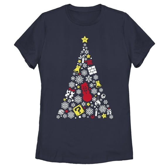 Women's Nintendo Christmas Evergreen Mario Graphic Tee Navy Blue Small