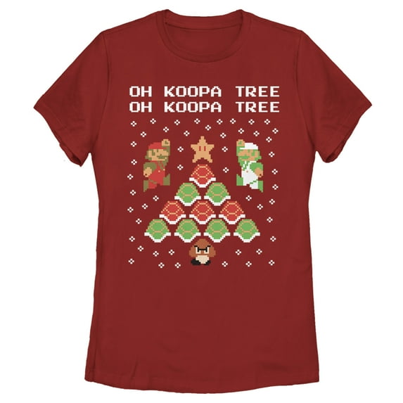 Women's Nintendo Christmas Mario Bros. Koopa Tree Graphic Tee Red Large