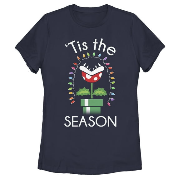 Women's Nintendo Christmas Mario Piranha Plants Graphic Tee Navy Blue 2X Large