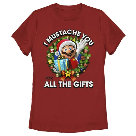 Women's Nintendo Christmas Super Mario Mustache  Graphic Tee Red Large