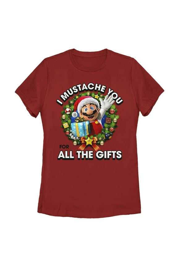 Women's Nintendo Christmas Super Mario Mustache Graphic Tee Red Large