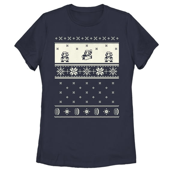 Women's Nintendo Christmas Sweater Mario Graphic Tee Navy Blue Medium