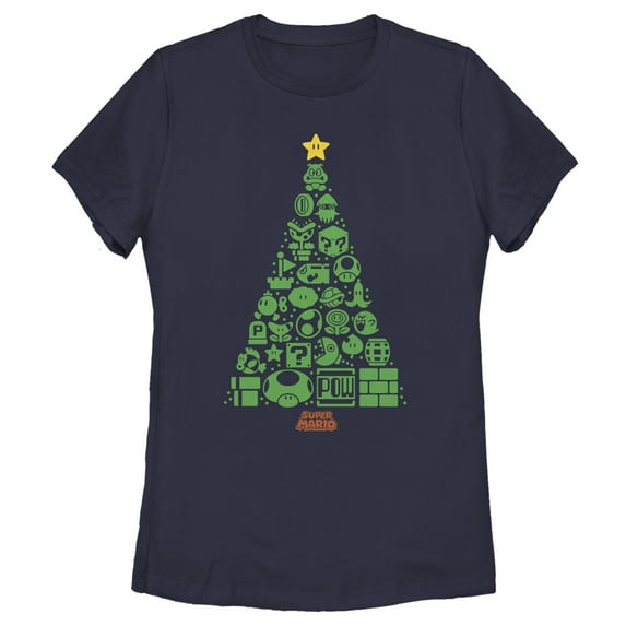 Women's Nintendo Christmas Tree Mosaic Graphic Tee Navy Blue Large