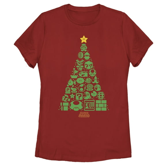 Women's Nintendo Christmas Tree Mosaic  Graphic Tee Red Small