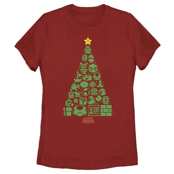 Women's Nintendo Christmas Tree Mosaic Graphic Tee Red Small