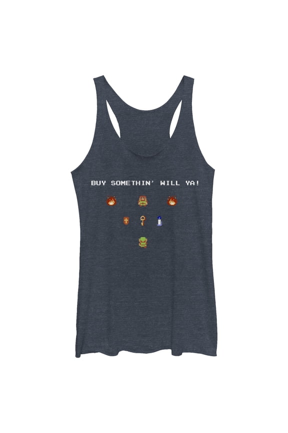 Women's Nintendo Legend of Zelda Merchant Buy Something Racerback Tank Top Navy Blue Heather X Large