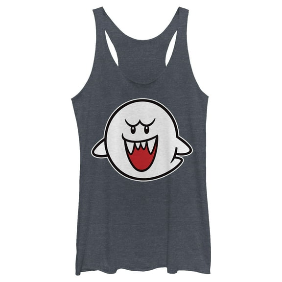 Women's Nintendo Mario Boo Ghost Racerback Tank Top Navy Blue Heather Small