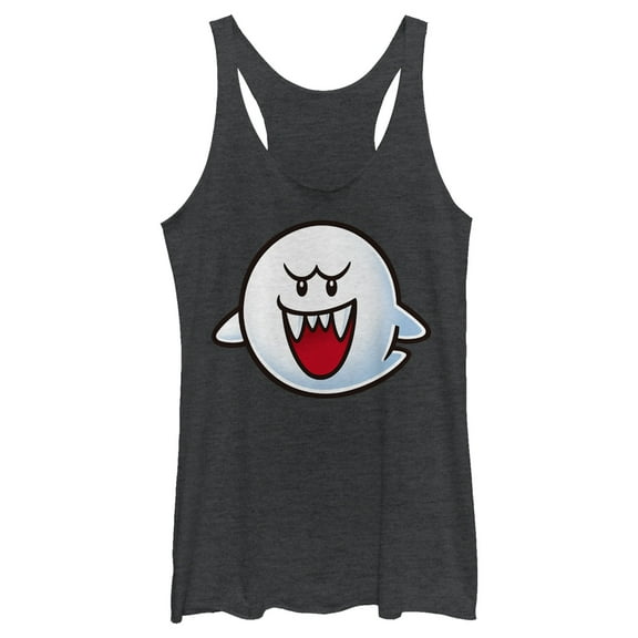Women's Nintendo Mario Boo Ghost Smile Racerback Tank Top Black Heather X Small