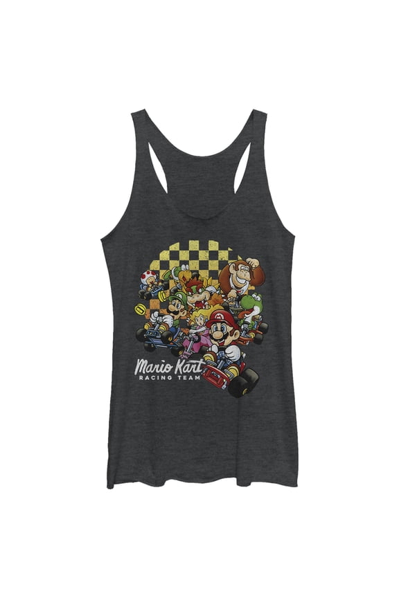 Women's Nintendo Mario Kart Cast Collage Racerback Tank Top Black Heather Medium