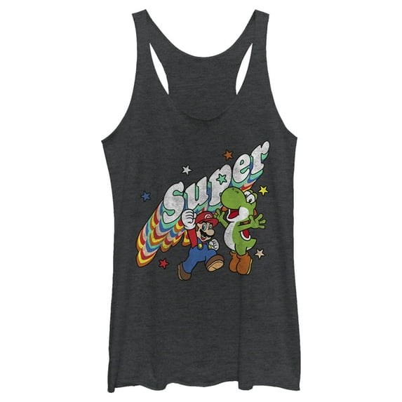 Women's Nintendo Mario and Yoshi Retro Super Racerback Tank Top Black Heather Small