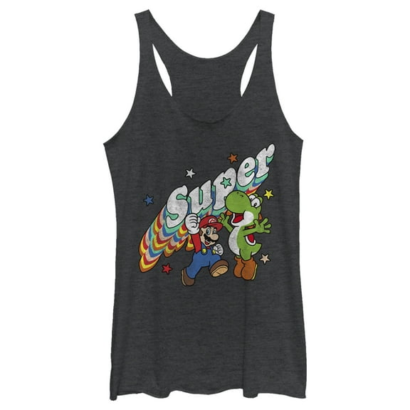 Women's Nintendo Mario and Yoshi Retro Super  Racerback Tank Top Black Heather X Large