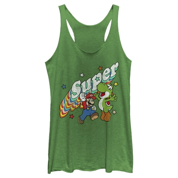 Women's Nintendo Mario and Yoshi Retro Super  Racerback Tank Top Envy Green Medium
