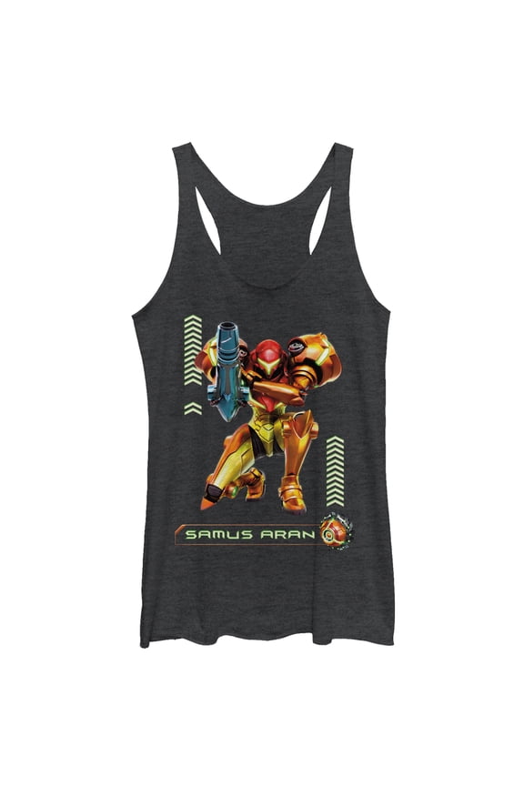 Women's Nintendo Metroid Samus Pose Racerback Tank Top Black Heather X Large