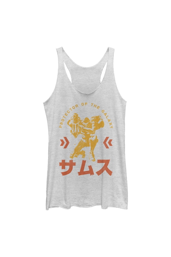 Women's Nintendo Metroid Samus Protector of the Universe Kanji Racerback Tank Top White Heather Large