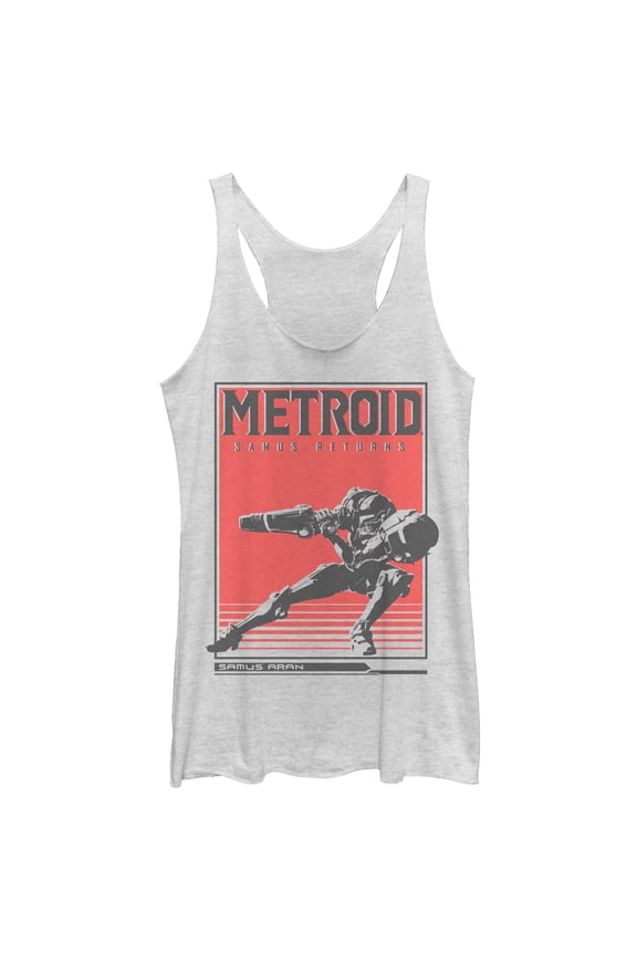 Women's Nintendo Metroid Samus Returns Poster  Racerback Tank Top White Heather 2X Large