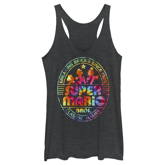 Women's Nintendo Super Mario Brick Break 85 Tie-Dye Logo Racerback Tank Top Black Heather Medium