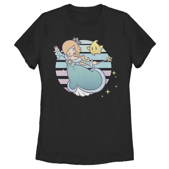 Women's Nintendo Super Mario Rosalina And Luma Striped Background Portrait  Graphic Tee Black Small