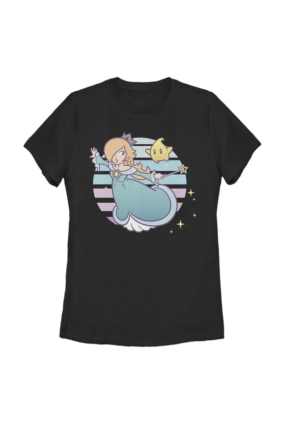 Women's Nintendo Super Mario Rosalina And Luma Striped Background Portrait Graphic Tee Black X Large