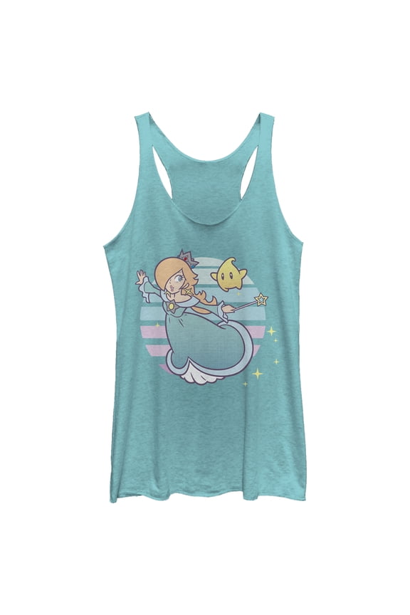 Women's Nintendo Super Mario Rosalina And Luma Striped Background Portrait Racerback Tank Top Tahiti Blue Small