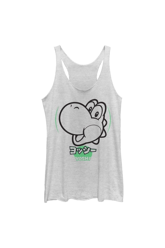 Women's Nintendo Super Mario Yoshi Kanji Racerback Tank Top White Heather Small