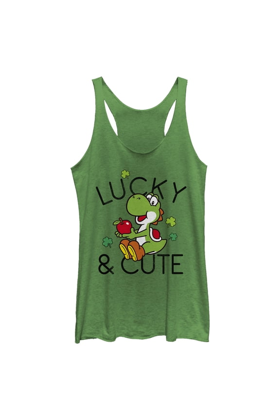 Women's Nintendo Super Mario Yoshi St. Patrick's Lucky and Cute Racerback Tank Top Envy Green X Small