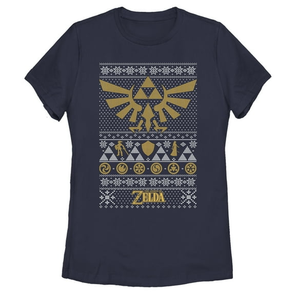 Women's Nintendo Ugly Christmas Legend of Zelda Triforce Graphic Tee Navy Blue Large
