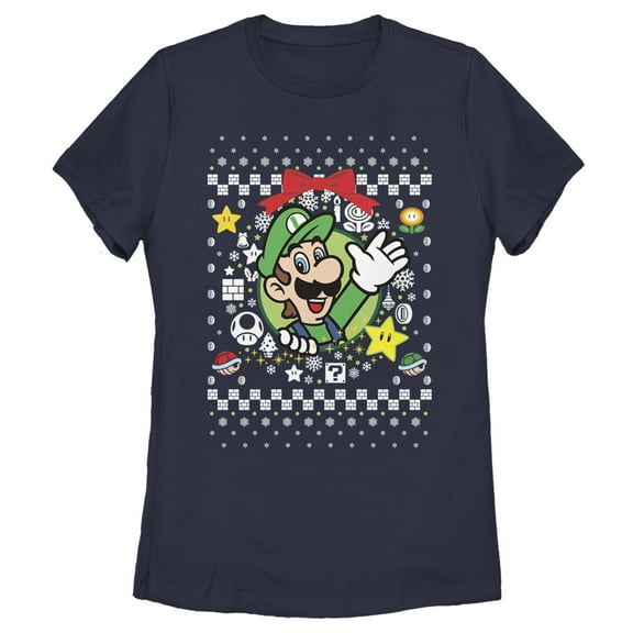 Women's Nintendo Ugly Christmas Luigi Wreath  Graphic Tee Navy Blue Large