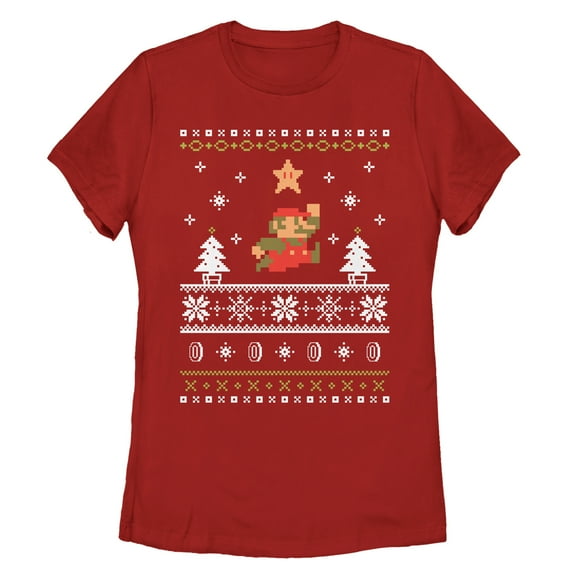 Women's Nintendo Ugly Christmas Mario  Graphic Tee Red Large